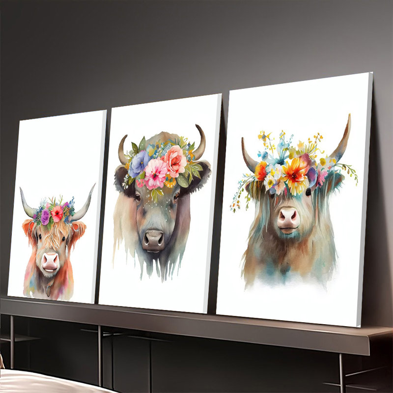Ensemble de 3 affiches murales encadrées, aquarelles de vaches, impressions sur toile de vaches des Highlands avec couronne de fleurs, décoration bohème champêtre pour salon, chambre d'enfant, jolies illustrations de vaches pour la décoration intérieure, affiches peintes