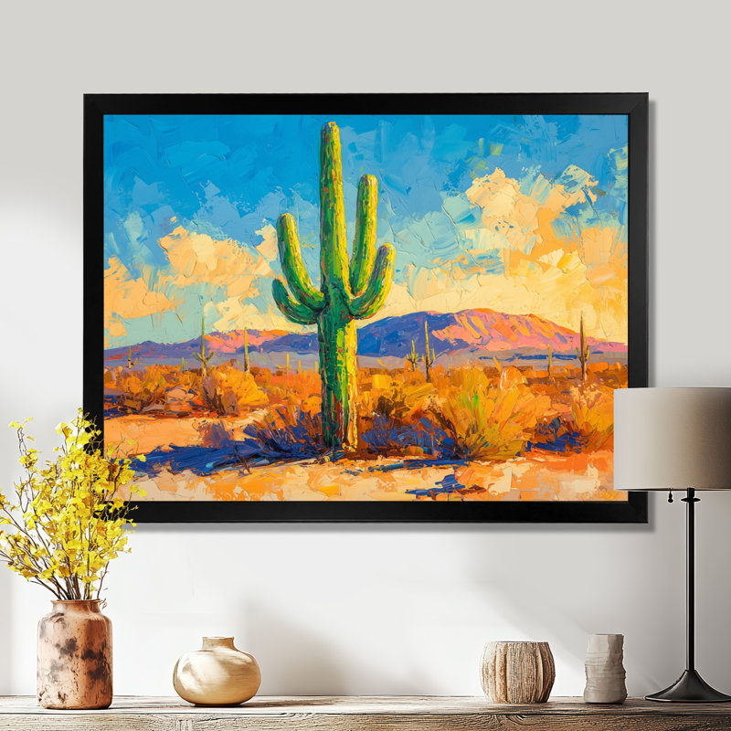 Saguaro dans la lumière dorée II - cactus, art mural, H 12 po x l 20 po, Cadre simple, Noir