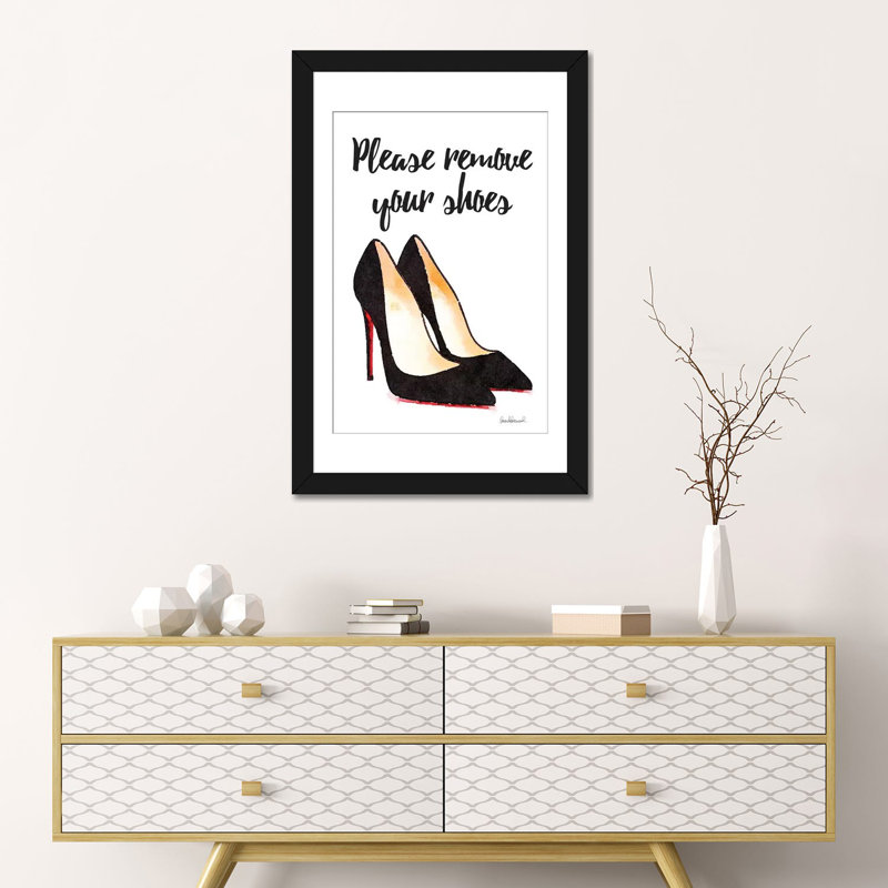 «Veuillez retirer vos chaussures», art textuel sur toile, Papier d'art encadré noir, Blanc, H 24 po x l 16 po x P 1 po