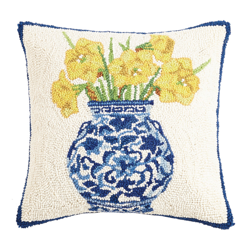 Blue and Yellow Floral Hook Pillow with Wool and Cotton