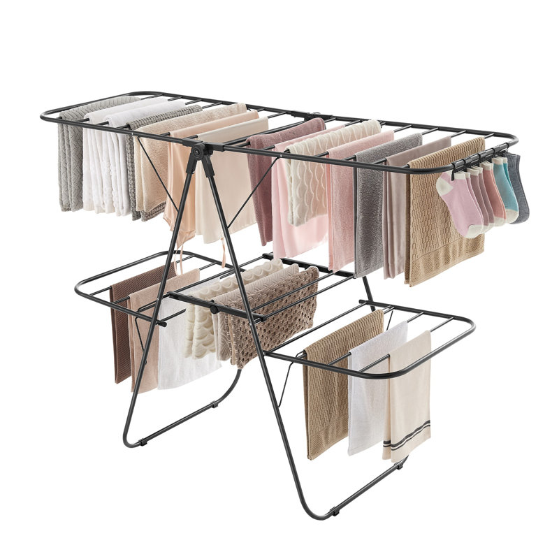 Clothes Drying Rack, Foldable 2-Level Laundry Drying Rack, Free-Standing Laundry Airer, With Height-Adjustable Wings, 33 Rails, Sock Clips