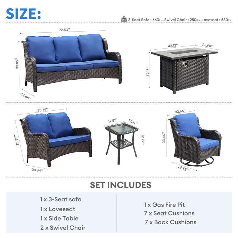 7-Person Outdoor High Back Seating Group With Cushions,Swivel Rockers And Fire Pit,All-Weather Wicker Patio Set, Coffee, Navy