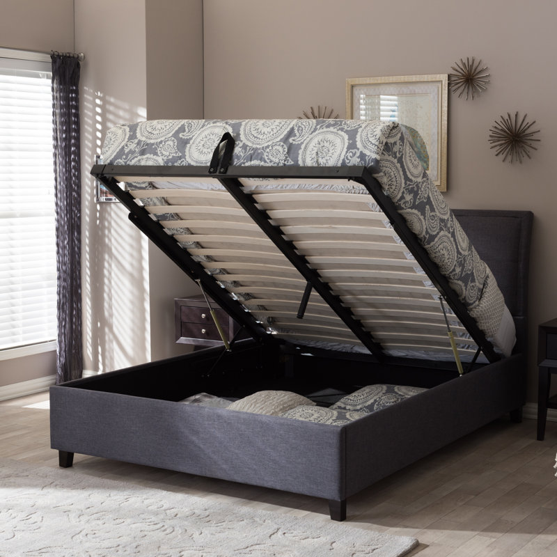 Lit plateforme tapissier capitonné à profil bas avec rangement Ethe, Gris foncé