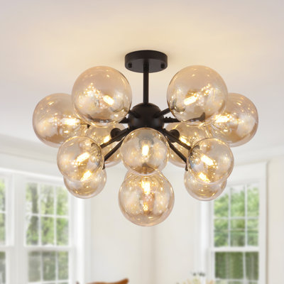 Modern 13-Light Black Semi-Flush Mount Ceiling Light With Amber Glass Globes For Living Room