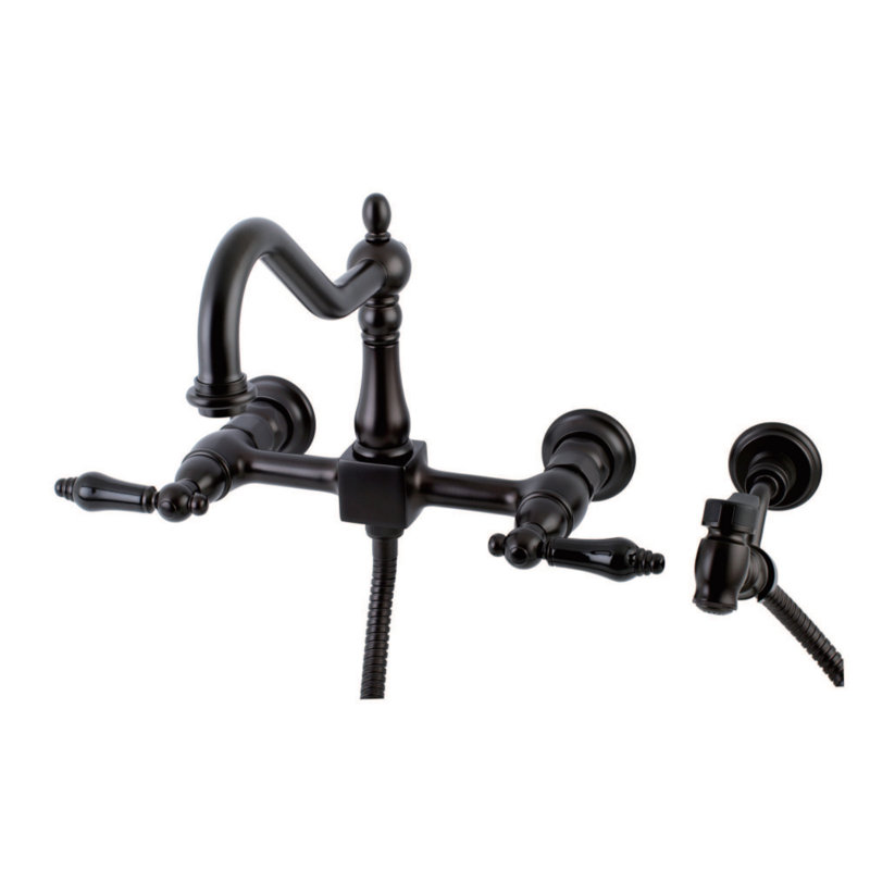 Kingston Brass Duchess Double-Handle Wall-Mount Bridge Kitchen Faucet, Oil Rubbed Bronze, With Side Spray