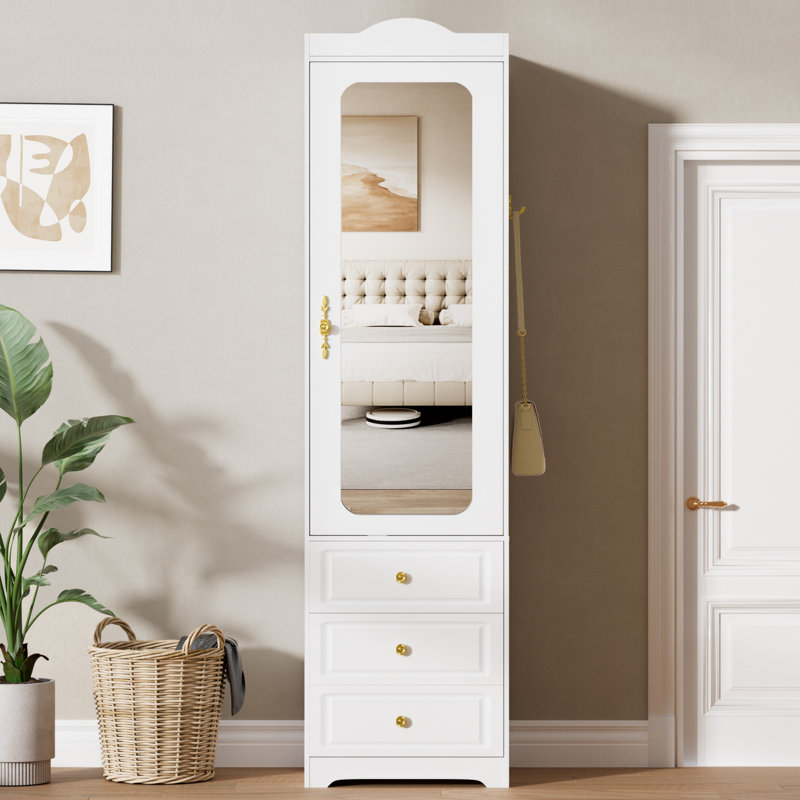 Armoire-penderie de 15,75 po de hauteur avec miroir et lumières DEL, économiseur d'espace, 3 tiroirs, tringle suspendue et tablettes réglables, porte latérale droite et blanche