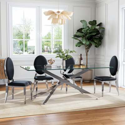 Modern Rectangle Dining Table Set, 78.7" Tempered Glass Top And Stainless Steel Base With Oval PU Leather Dining Chairs