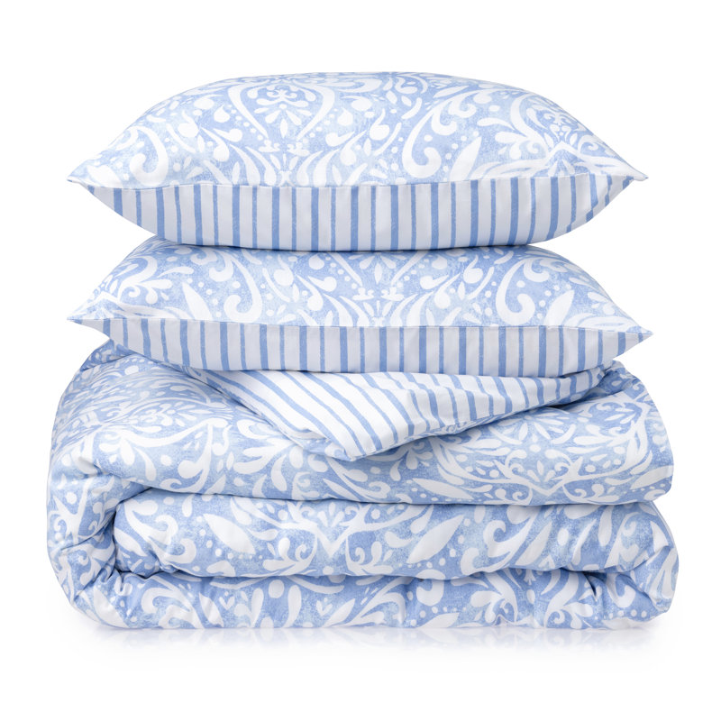 Ensemble d'édredon réversible 3 pièces Avery Medallion, Édredon pour très grand lit + 2 taies décorativ, Bleu
