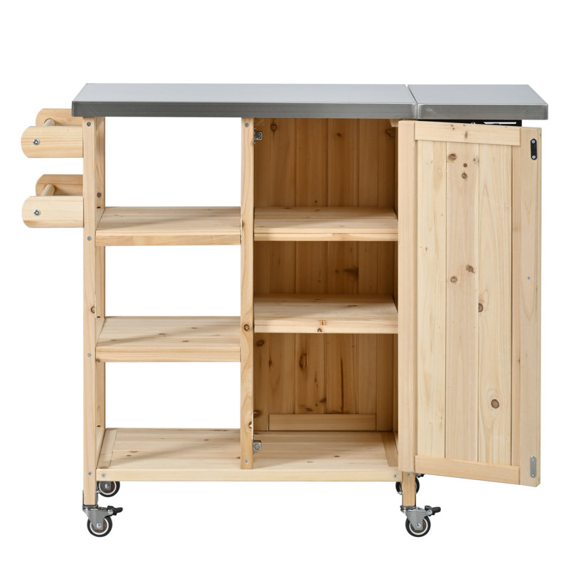 Chariot-bar en bois massif, îlot de cuisine extérieur pliable, îlot de cuisine pour patio, Naturel