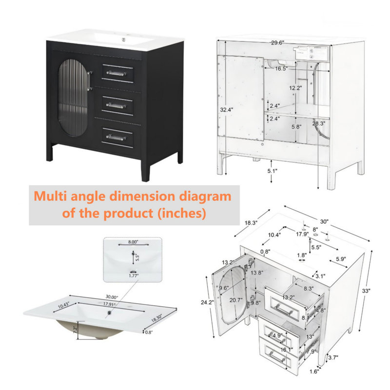 Armoire de meuble-lavabo 30 po avec deux tiroirs et porte, tablette réglable