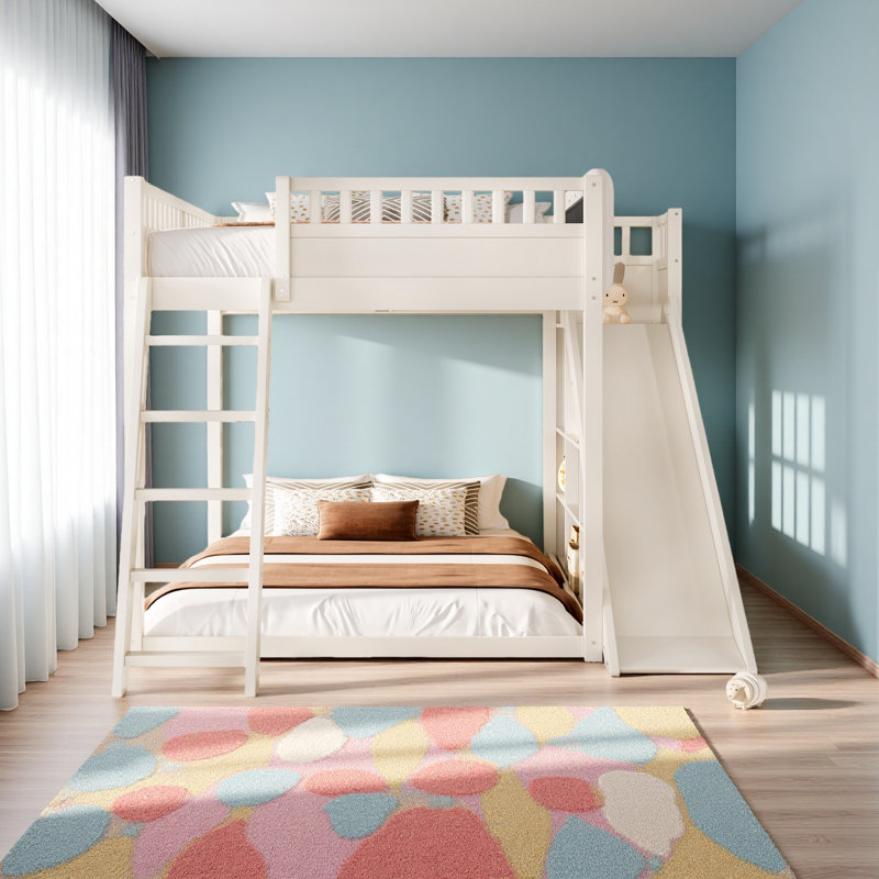 Lit mezzanine avec tête de lit tapissier et tablettes de rangement, complet avec échelle et glissade, Beige