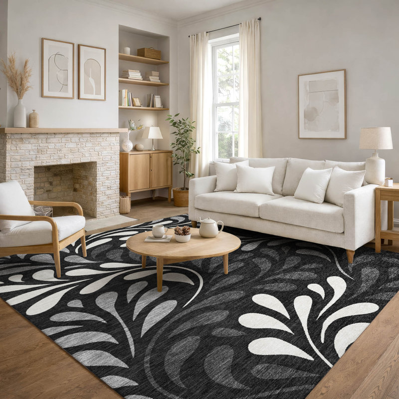 Premium Machine Washable Mayfield AMF2411 Floral Rug, 9' x 12', Black