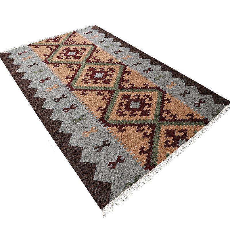 Tapis Dunson tissés à plat en laine Kilim écologique - 90 x 150 cm, rectangulaire, multicolore, design contemporain, tapis à poils courts faits main pour salon, chambre