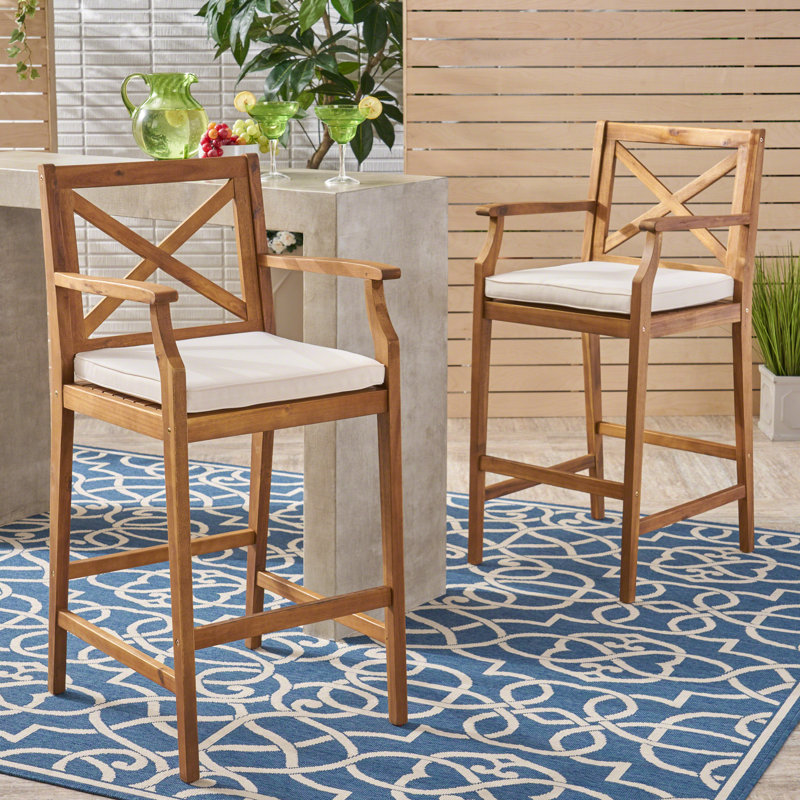 Zaryiah Acacia Outdoor Stool with Cushion, Cream