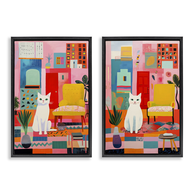 «Bright Room Sitting Cat», ensemble de 2 toiles flottantes encadrées dorées par Roozbeh Bahramali, H 25 po x l 17 po