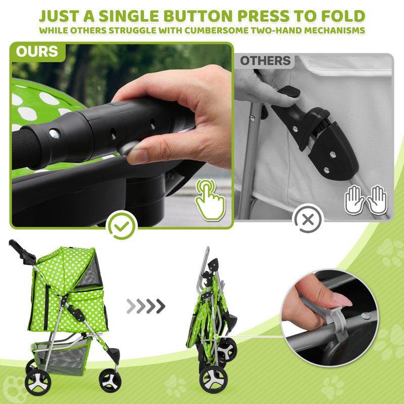 Lawn Green Polka Dot Foldable Pet Stroller with Storage