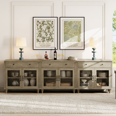 Corretta Sideboard Cabinet With Bar Hutch, 102" Farmhouse Sideboard Credenza For Dining Room, Modern Kitchen Buffet Cabinet, Large Storage Cabinet With Glass Doors And Wooden Drawer, White