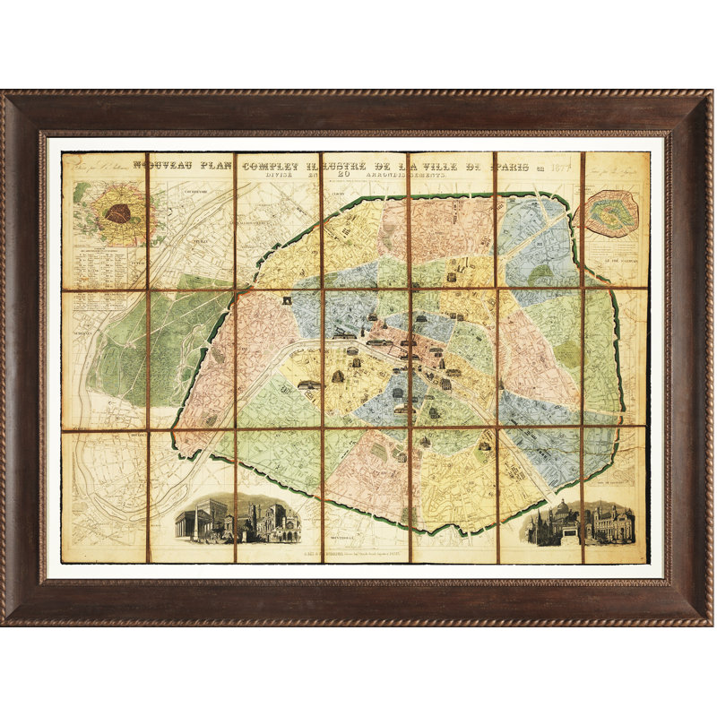 Large Antique Map Of Paris - Single Picture Frame Print on Glass