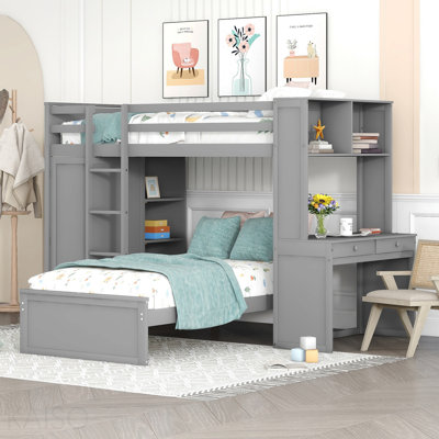 Lit mezzanine simple avec lit autonome, tablettes, bureau et garde-robe gris