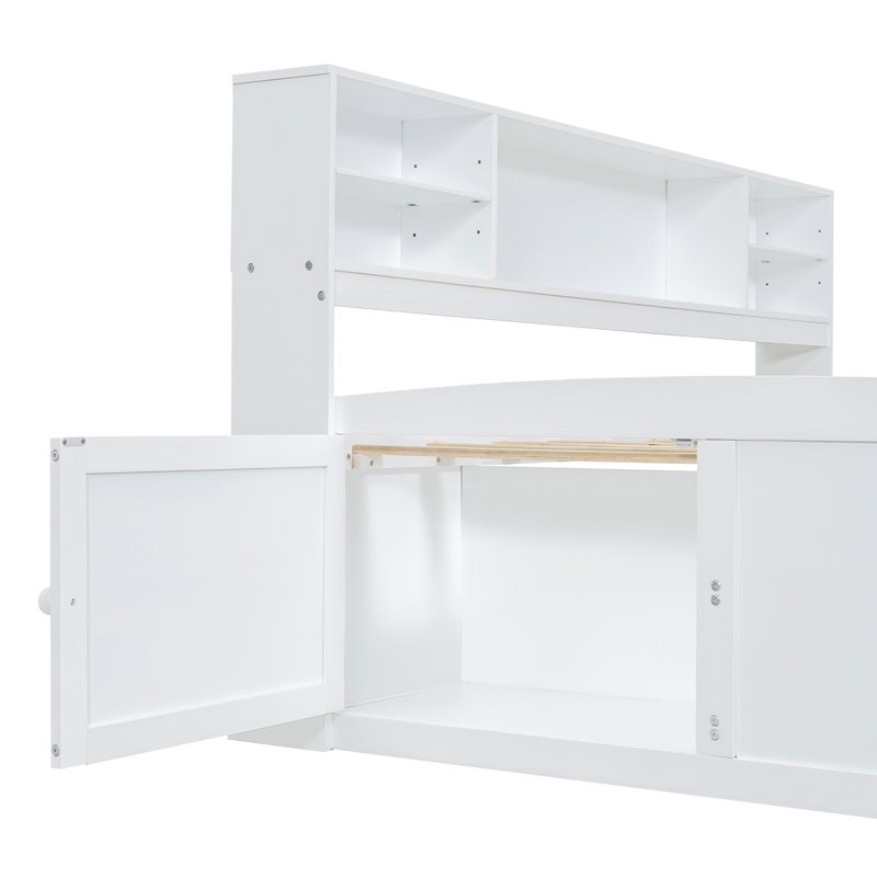 Full Size Daybed In White With 2 Bedside Cabinet Shelving Units, 4 Drawers & Upper Rack - , Elegant, Space Optimizing Size Nightstand Storage Cabinets, Shelves , Chic, Efficient Design