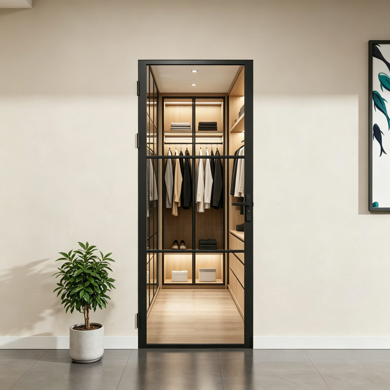 30" x 80" 3‑Panel Clear Glass Interior Door Slab, Matte Black Aluminum Frame French Door for Closet Pantry, 30" x 80"