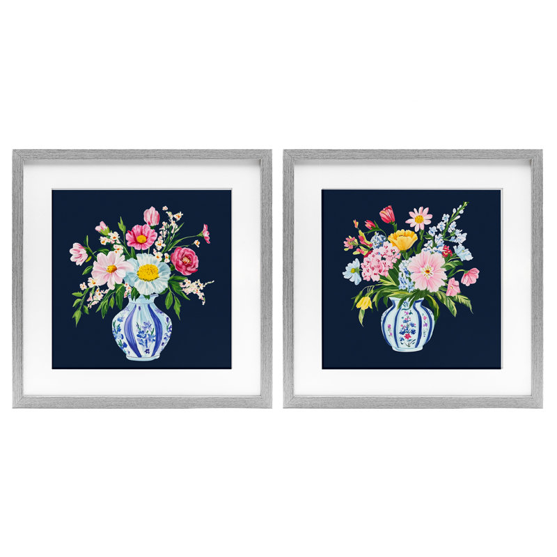 Ensemble de 2 vases Twin Chinoiserie encadrés sous verre, design par Yen, Cadre de ferme gris, H 16 po x l 16 po