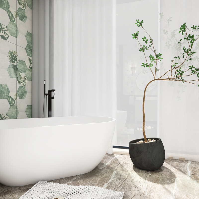 59-Inch Matte White Solid Surface Freestanding Soaking Bathtub