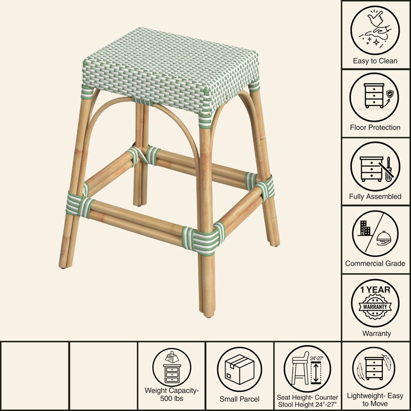 Robias Rattan Bar & Counter Stool, White/Green Dot/ Natural Rattan Frame, Counter Stool (24.5" Seat Height)