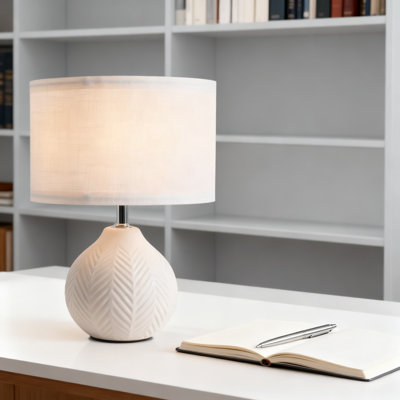 Modern Ceramic Table Lamps Set Of 2 With Linen Shade, Leaf Patterned Small Desk And Bedside Lamp For Bedroom Living Room Office, Mid Century Nightstand Lighting
