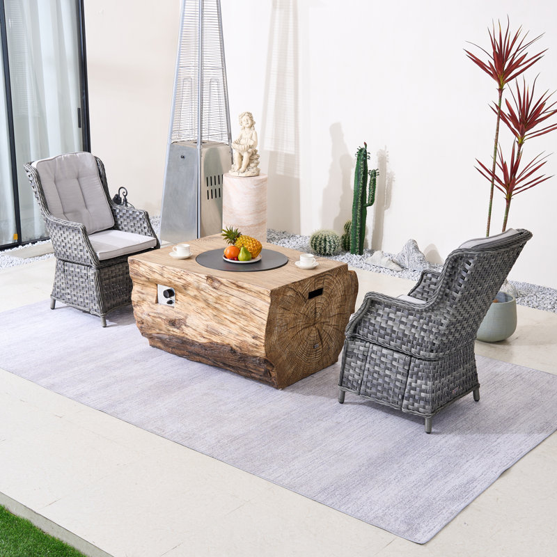 Ensemble de conversation d'extérieur en osier pour 2 personnes avec table et foyer brun Ondina, Gris, Gris