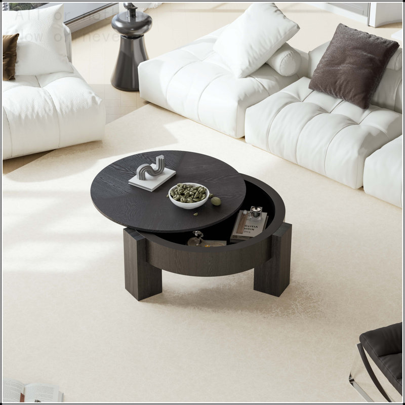 Table basse ronde avec rangement caché et placage de parquet, Noir