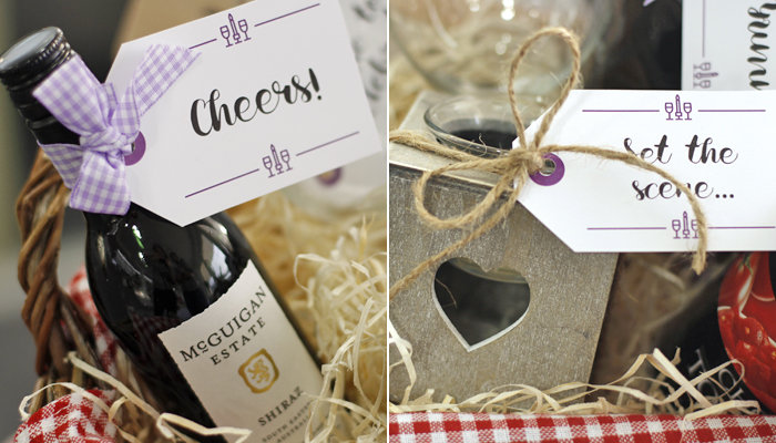 Fill your DIY hamper with indulgent dinner treats and candles to set the scene