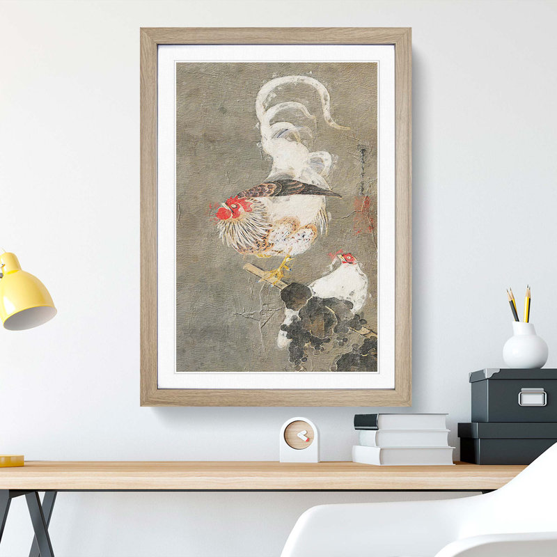 Hen & Rooster by Ito Jakuchu - Picture Frame Painting Print on MDF, Oak Framed, 48cm H x 36cm W x 2cm D