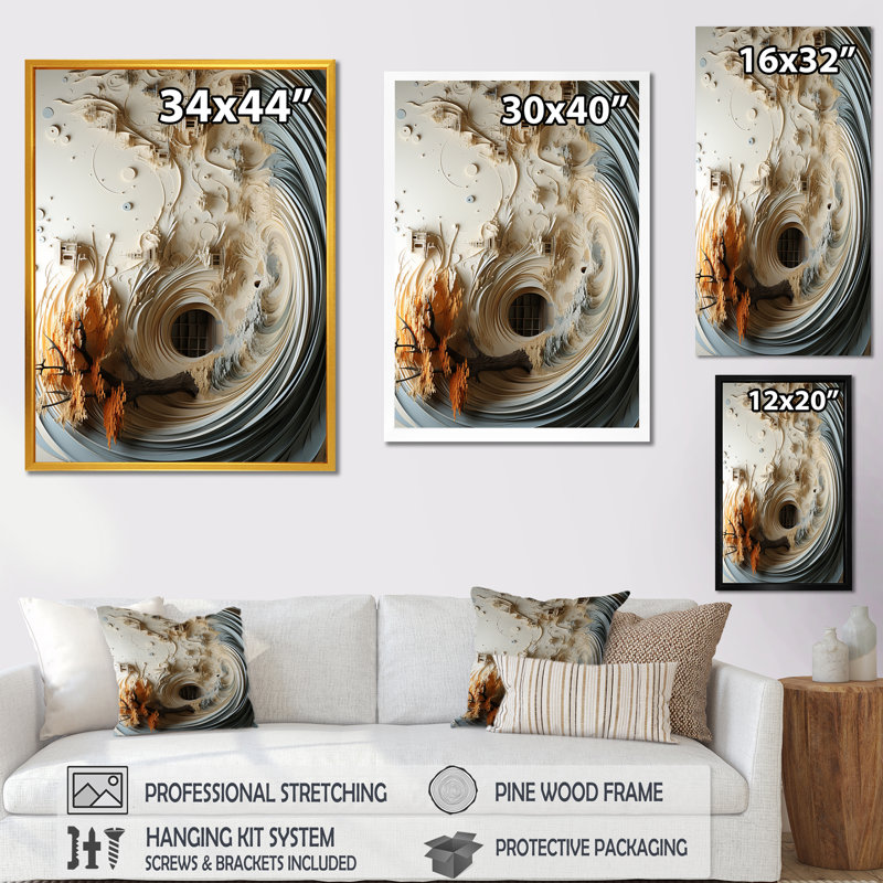 Plume blanche en spirale III - art mural géométrique, Cadre doré simple, H 44 po x l 34 po x P 1,5 po