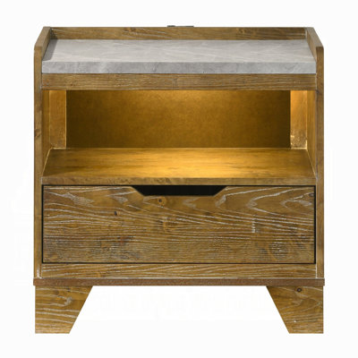 Transitional Brown Finish Nightstand With LED Light USB Ports Wooden Bedroom Furniture 1Pc Bedside Cabinet Drawer Shelf