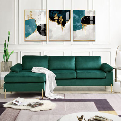 Emerald Velvet L-Shaped Sofa With Mid-Century Glam, Comfortable Foam Padding, And Brass Gold Legs