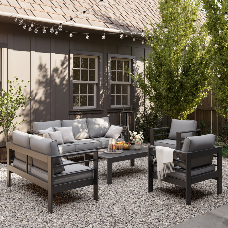 Ensemble de conversation pour 7 personnes avec coussins, Gris, Gris clair