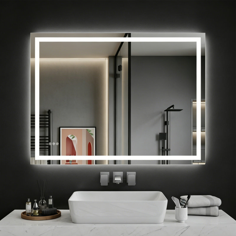 Miroir de salle de bain moderne à DEL à fixation murale à l'avant et à l'arrière rétroéclairé avec réglage en 3 couleurs, verre trempé incassable