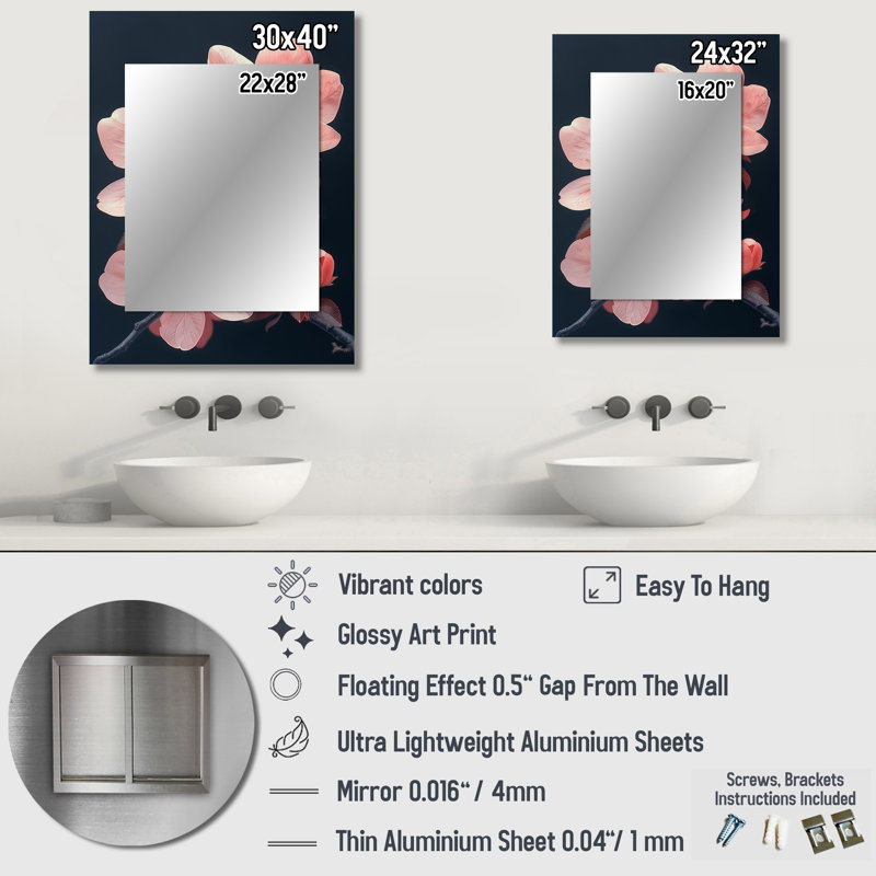 Rose et noir éclatant bouquet de fleurs Apple Blossom I - grand miroir mural Apple Blossom, 32 po x 24 po