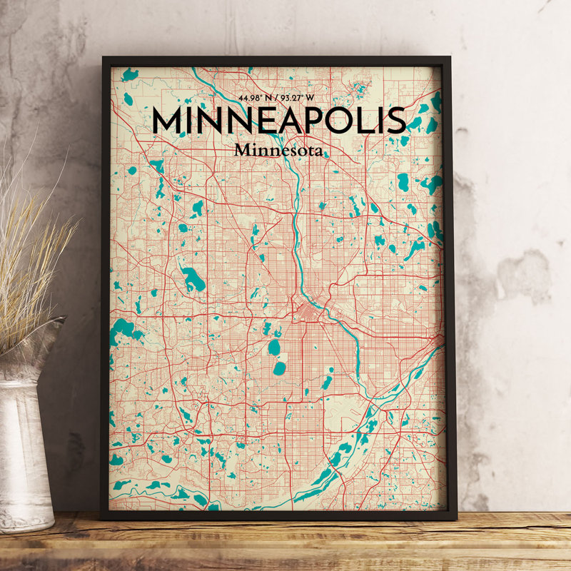 «Minneapolis City Map», reproduction d'impression sur affiche tricolore, H 17 po x l 11 po x P 0,05 po