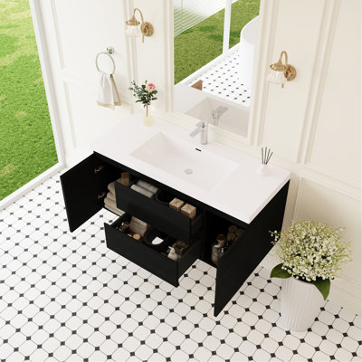 Meuble-lavabo mural flottant en bois 48 po avec lavabo, surface solide, tiroirs à fermeture en douceur, peu encombrant, faible consommation d'eau