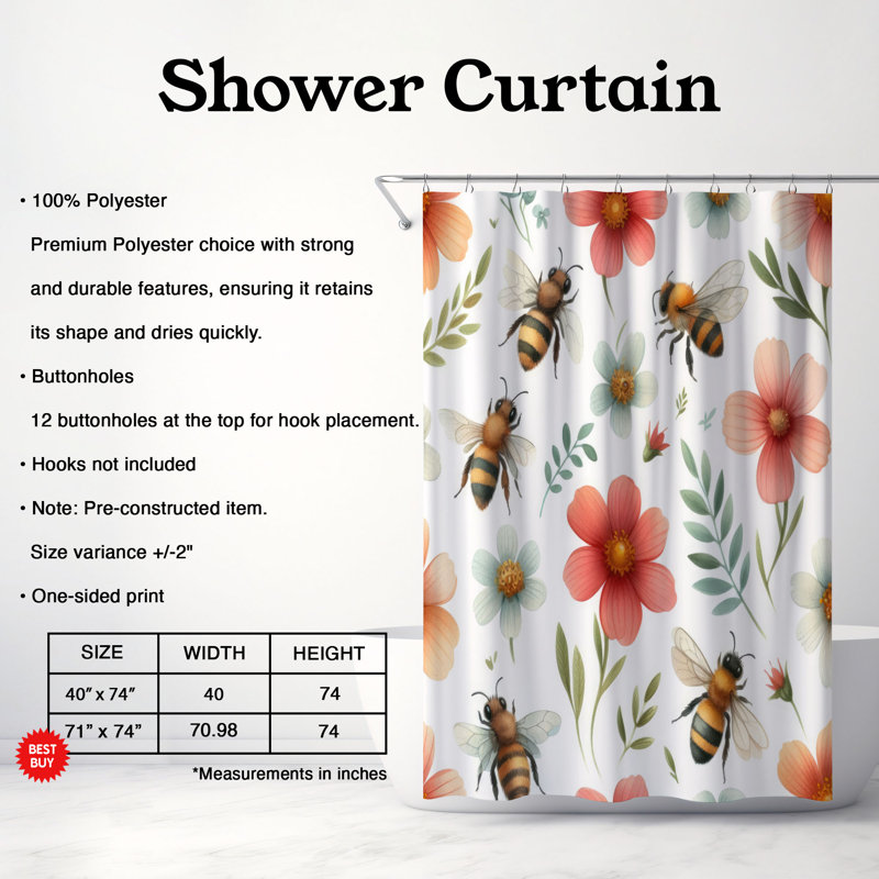 Rideau de douche standard 1 pièce Corionna Bee & Bloom, H 74 po x l 40 po