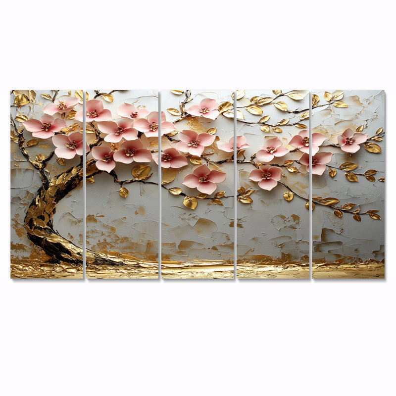 Rose et or cerisier en fleurs au bord du lac III - ensemble d'art mural cerisier en fleurs, H 28 po x l 60 po