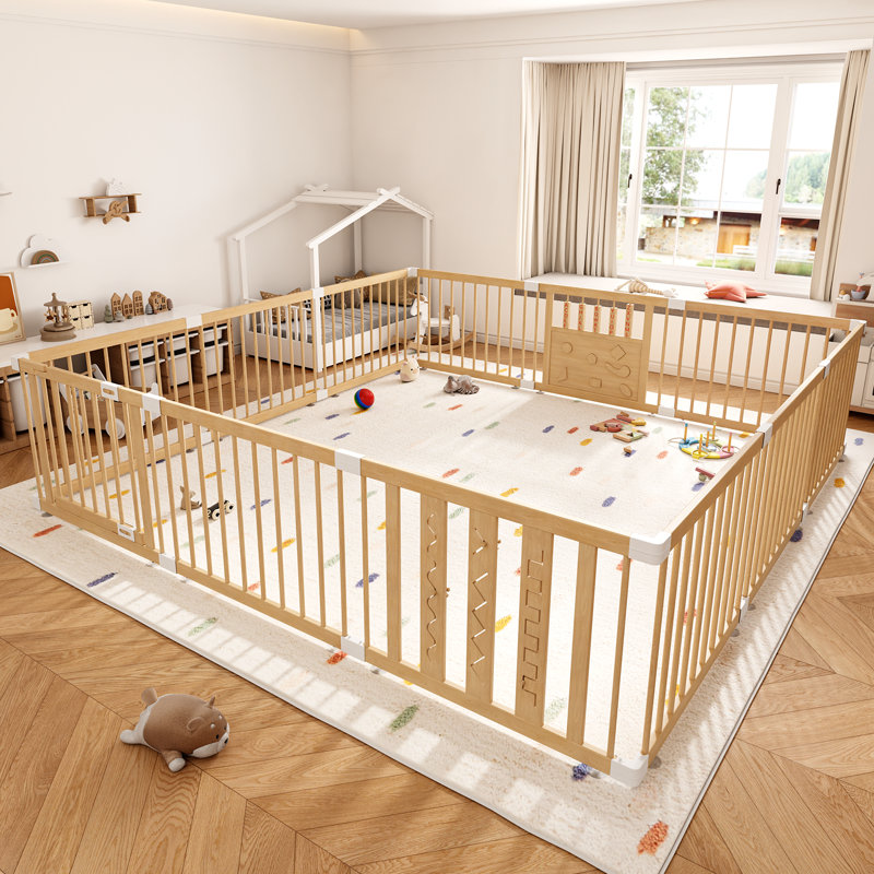 Parc pour bébé en bois naturel, 12 panneaux, porte et jouets inclus. Facile à assembler, grand parc portatif pour bébés et jeunes enfants, fabriqué en pin naturel.