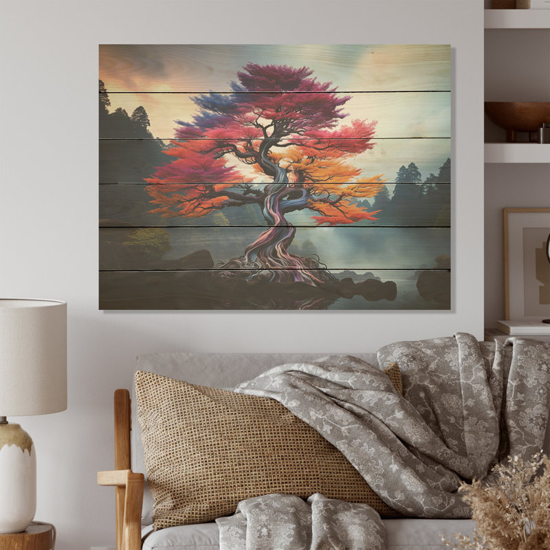 Mystic Pink Trees In Amethyst Landscape I - Tree Redwood Wood Panel Wall Art On Natural Pine Wood, 10" H x 20" W