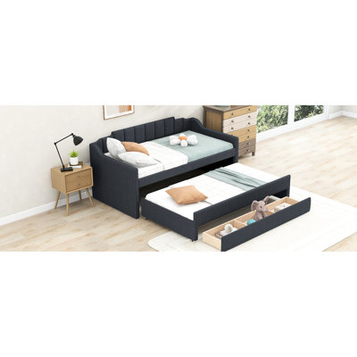 Lit de jour simple avec revêtement, gigogne et rangement - Améliorez votre espace de vie grâce à son assemblage simple à 3 tiroirs