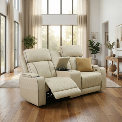 Beige Power Recliner Loveseat, 2-Seater Breathable Leather Sofa With Storage Console, Cup Holders, USB Charging, LED Lights, 170° Recline For Living Room & Home Theater