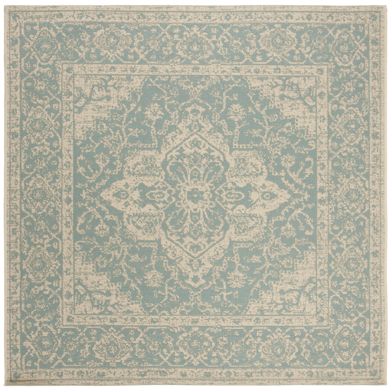Tapis d'intérieur / extérieur à motif oriental turquoise / crème Danya, Carré 4 pi