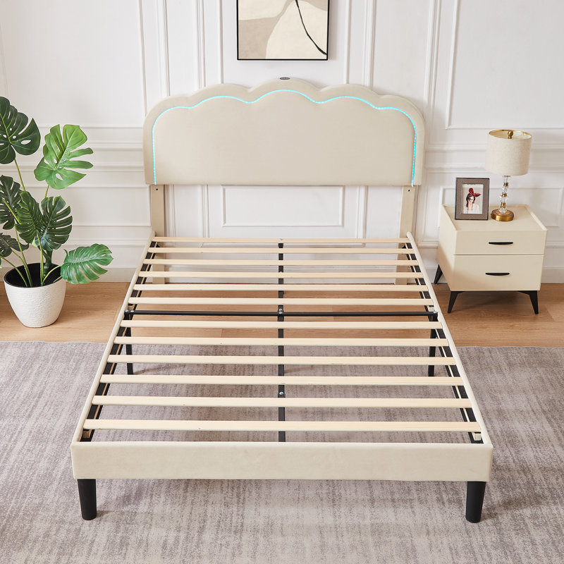 Beige Velvet Upholstered Platform Queen Size Bed Frame with LED Headboard, Adjustable Tufted Modern Bed with USB & Type-C Charging Ports, Storage & Noise-Free Slats