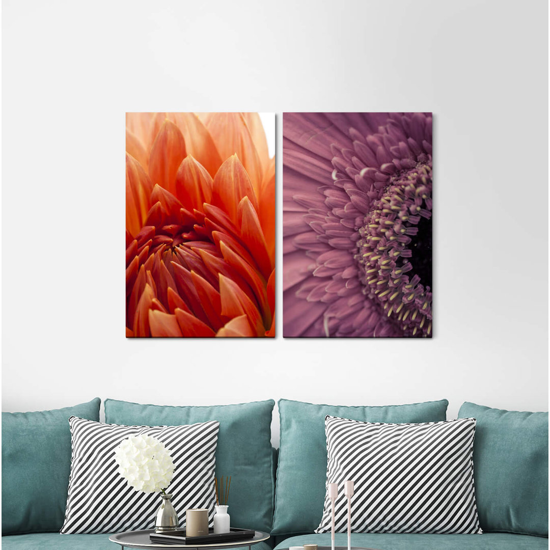 2-tlg. Leinwandbilder-Set - Fotografie „Dahlia Zinnien Flowers Red Love Passion”